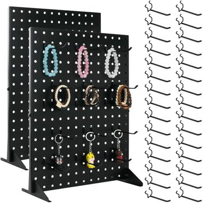 2 Pcs Metal Pegboard Display Stand with 30 Peg board Hooks, Desk Pegboard Shelf for Craft Shows & Fairs, Retail Stores, Vendors Arts and Crafts Finishing - 17x13Inch & Black - color: Black&2