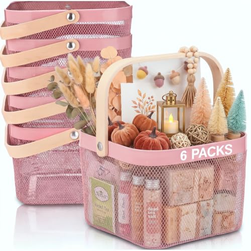 Roshtia 6 Pcs Metal Mesh Basket with Handle, Warm Garden Basket for Fall - color: Pink, size: 9.65 x 9.65 x 7.09 Inch