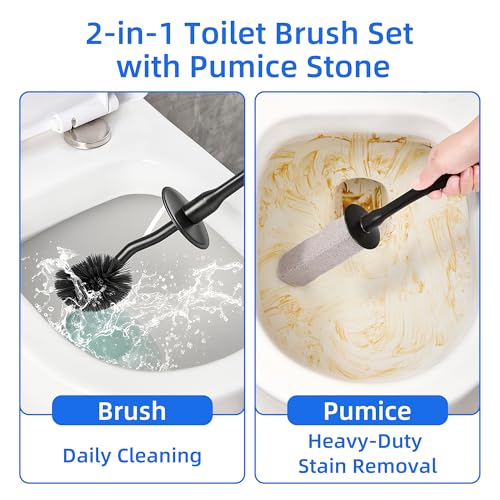 Toilet Brush and Holder Set with Pumice Stone, Toilet Pumice Stone Combo - color: Black