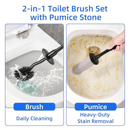 Toilet Brush and Holder Set with Pumice Stone, Toilet Pumice Stone Combo - color: Black