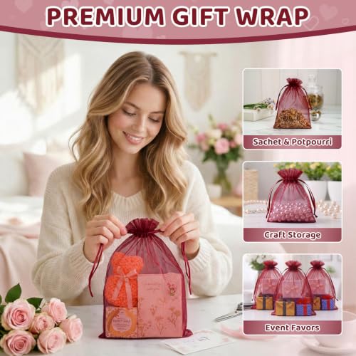 Crweety 50PCS Organza Bags 8x12 Large Red Mesh Gift Bags Drawstring - color: Red (Burgundy)