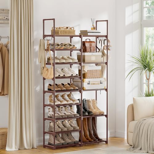 WOWLIVE 9 Tier 2-Column Shoe Rack, 30-35 Pairs Stackable Brown - color: Brown, size: 2 Row 9 Tier