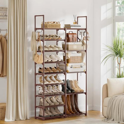 WOWLIVE 9 Tier 2-Column Shoe Rack, 30-35 Pairs Stackable Brown - color: Brown, size: 2 Row 9 Tier