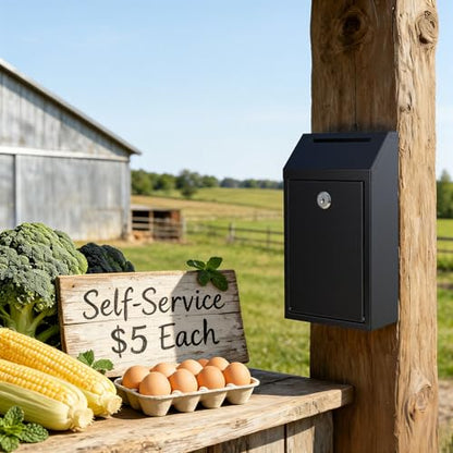 Pay Here Cash Box for Farm Stand, Cash Drop Box with Lock and Slot, Metal Money Drop Box with 4 Keys Wall Mount, Black - color: Black