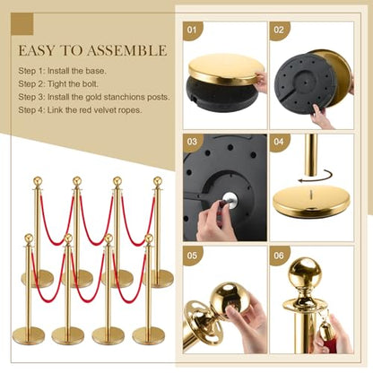Pelopy 8sets Stanchion Posts Queue Crowd Control Stanchion Velvet Ropes Carpet Set, 38 in Post Sand Injection Hollow Base with Rope for Party Museum (32 ft Carpet,Gold,Red) - color: Gold, Red, size: 32 ft Carpet