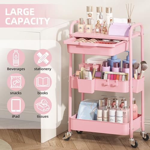 KINGRACK 3 Tier Metal Rolling Cart with Drawer, Pink Utility Storage Cart - color: Pink