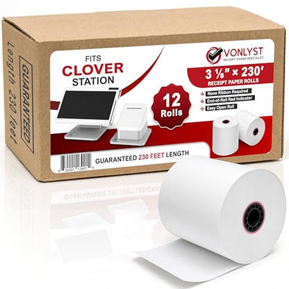 Clover Station Receipt Paper Rolls 3 1/8" x 230' (12 Pack) – Thermal Paper for Clover Station & Duo C505, Compatible P100 P500 P550 – BPA Free POS Printer Paper - size: 12 rolls