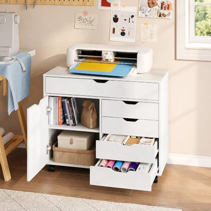 DEVAISE 5 Drawer Wood Storage Cabinet, Office Drawer Cabinet, White - color: White - 1 Large + 4 Small