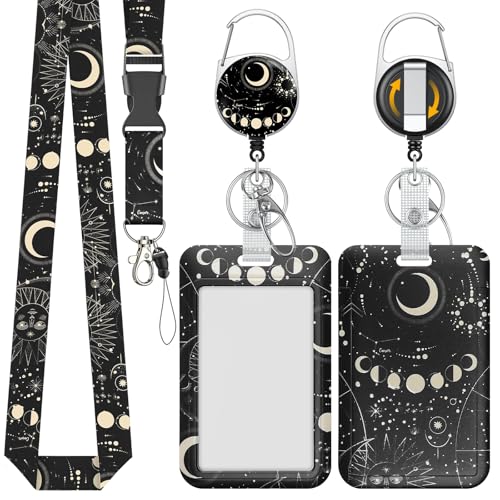 Uniclife Fashionable Sliding Badge Holder, Moon & Planets Plastic Card Holder with Retractable Badge Reel Carabiner & Detachable Lanyard, Vertical Card Protector for Office Worker Teacher Student - color: Moon & Planets