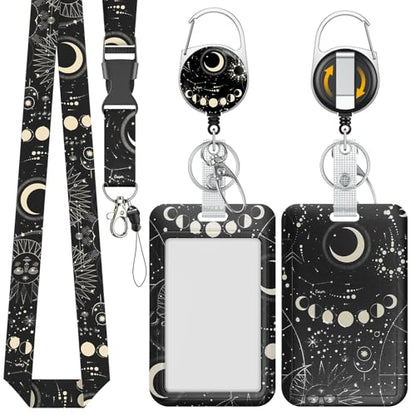 Uniclife Fashionable Sliding Badge Holder, Moon & Planets Plastic Card Holder with Retractable Badge Reel Carabiner & Detachable Lanyard, Vertical Card Protector for Office Worker Teacher Student - color: Moon & Planets
