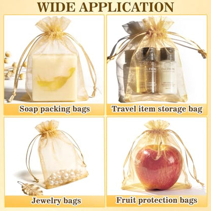 Sukh Gold Organza Bags 5"x7" - 100PCS Small Mesh Drawstring Gift Bags - color: Gold, size: 100 Count (5 x 7 Inches)