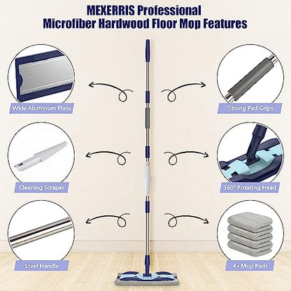 Microfiber Mops for Floor Cleaning: Flat Hardwood Floor Mop 4 Washable Pads - color: Blue