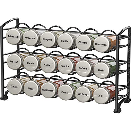 Deco Brothers Spice Rack Stand holder with 18 Bottles and 48 Labels, Black - color: Black