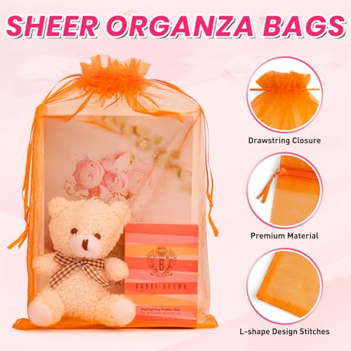 ANZNKU 50 Pcs Large Organza Bags 8x12, Small Mesh Gift Bag Drawstring Bulk - color: Orange
