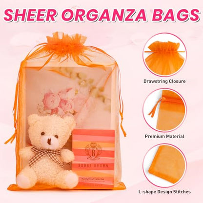 ANZNKU 50 Pcs Large Organza Bags 8x12, Small Mesh Gift Bag Drawstring Bulk - color: Orange