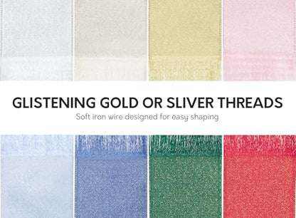 Keypan White Satin Ribbon Wired Silver Glitter 2-1/2 Inch x 10 Yards - color: Glitter White, size: 2-1/2"