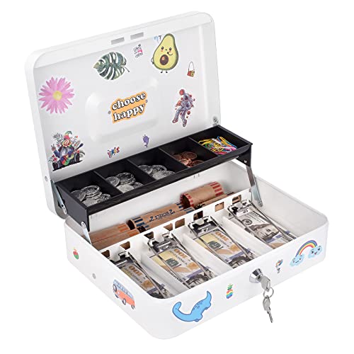 Cash Box with Money Tray and Lock, Money Box for Cash, Cash Register for Small Businesses, Metal Lock Box for Money 11.8" x 9.4" x 3.54" White - color: White with Key Lock