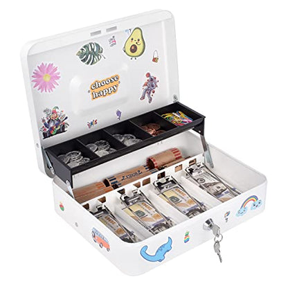 Cash Box with Money Tray and Lock, Money Box for Cash, Cash Register for Small Businesses, Metal Lock Box for Money 11.8" x 9.4" x 3.54" White - color: White with Key Lock