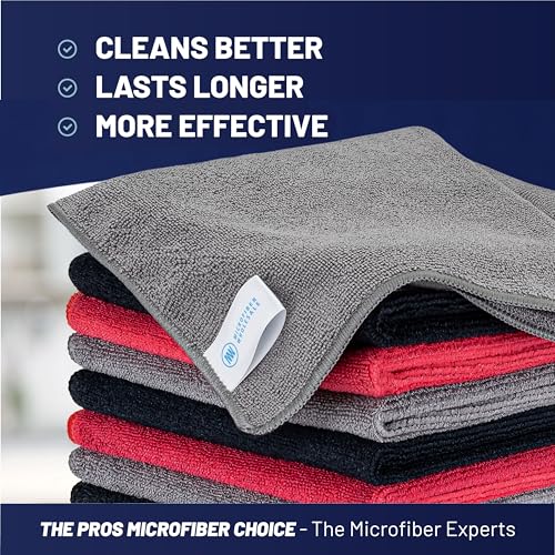 MW Pro Microfiber Cleaning Cloth | Black, Red, Gray (12 Pack) | Size 16" x 16" | All Purpose Microfiber Towels - Clean, Dust, Polish, Scrub, Absorbent - color: Black, Red, Gray