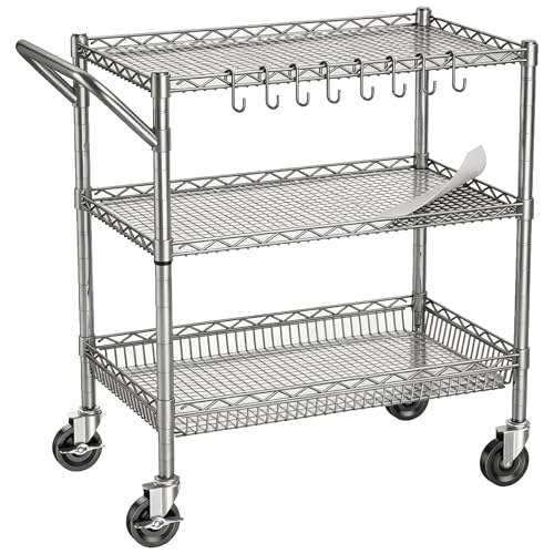 1050Lbs Heavy Duty 3 Tier Rolling Utility Metal Storage Cart with Wheels - color: Silver（18d X 36w X 32h, 1050lb）