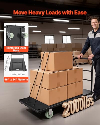 VEVOR Heavy Duty Platform Truck, 2000 LBS Industrial Steel Flatbed Cart with 360° Swivel Wheels, Platform Push Cart Dolly, Easy Storage for Warehouse/Garage/Moving/Garden (48" x 24" x 32") - size: 48.0 x 24.0 x 32.1 in/1220 x 610 x 815 mm