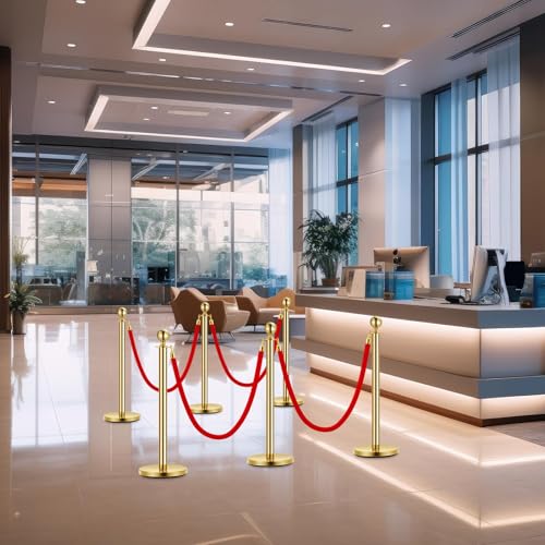 Red Carpet Ropes and Poles 4 Gold Stanchion Posts + 3 Red Velvet Ropes - size: 4 Post I 3 Rope
