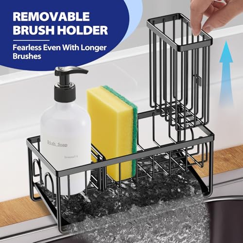 Sinnsally Kitchen Sponge Holder,Sink Caddy Organizer with Brush Holder,Stainless Steel Sink Box Dish Scrubber Holder with Self Drain Tray,Soap Dispenser Kitchen Storage Accessories(1 Tier-Black) - color: 1 Tier-Black