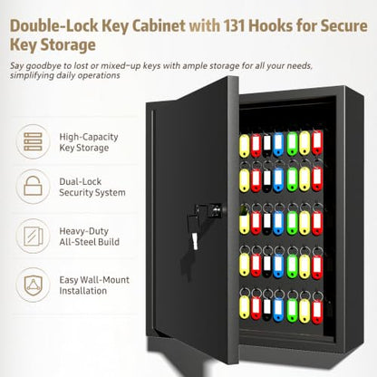 Key Cabinet Lock Box with 131-Keys: Steel Wall Mount Key Box Organizer - Large Storage and Secure Combination Lock Boxes for Home Office Business - Black - color: Matte Black