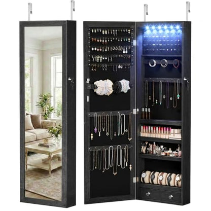 DUMOS 6 LEDs Mirror Jewelry Organizer Cabinet, Jewelry Armoire, 47.2 Inch - color: Black