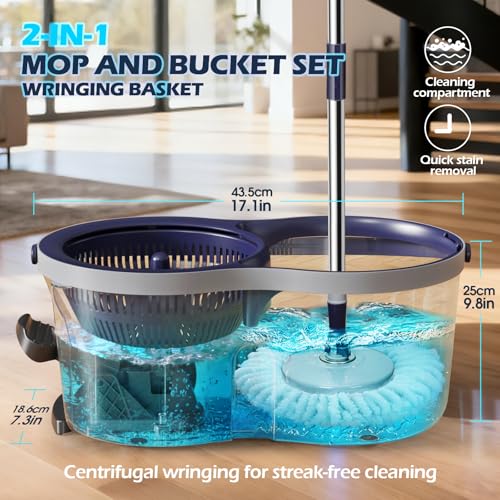 Masthome Spin Mop and Bucket Set,Easy Wring Foot Pedal Operated - color: Dark Blue