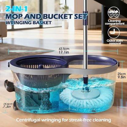 Masthome Spin Mop and Bucket Set,Easy Wring Foot Pedal Operated - color: Dark Blue