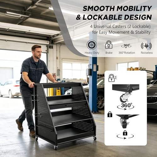 4-Tier Heavy Duty Rolling Tool Cart with Pegboard & Sliding Tray, 440 LBS Load Capacity Steel Utility Cart on Lockable Wheels, Mobile Tool Storage Organizer for Mechanic, Garage, Workshop, Black