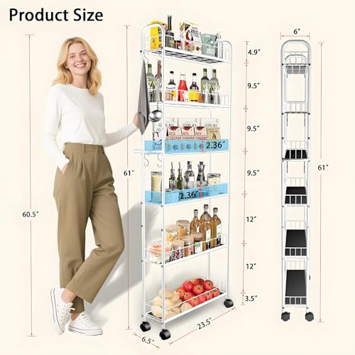 6in 6 Tier Slim Storage Cart with Wheels,Narrow Space Rolling Shelving Unit with Handle, Metal Wire Mobile Organizer Rack for Kitchen Bathroom Office Laundry - size: 6in White with Handle