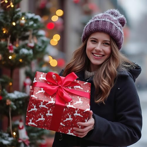 Ulmasinn Reversible Christmas Wrapping Paper - 17" x33ft Double Sided, Red Nordic Reindeer & Snowflake, Heavy Duty & Wrinkle-Free, Xmas Gift Wrap for Presents - color: Christmas Red Reindeer