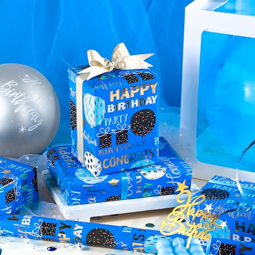 WRAPAHOLIC Birthday Wrapping Paper - Mini Roll - 17 Inch x 16.5 Feet - Blue Gold Foil Happy Birthday Wrapping Paper for Kids, Boys, Men, Baby Shower - color: Blue - Birthday Balloon & Lettering