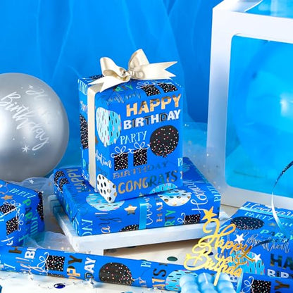 WRAPAHOLIC Birthday Wrapping Paper - Mini Roll - 17 Inch x 16.5 Feet - Blue Gold Foil Happy Birthday Wrapping Paper for Kids, Boys, Men, Baby Shower - color: Blue - Birthday Balloon & Lettering