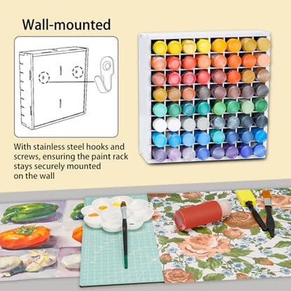 Krafetto 64 Grids Craft Paint Storage Organizer, Wall-mountable Paints Holder, Stackable Paint Bottle Rack Stand for 2oz Acrylic Craft Paints - color: 1pc white paint rack