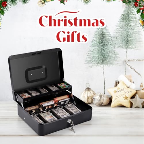 Sumerfnt Cash Box with Money Tray and Lock Money Box for Cash, Metal Locking Cash Box - 11.8" x 9.4" x 3.54" Black - color: Black