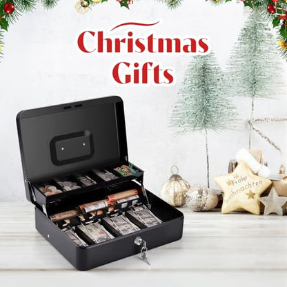 Sumerfnt Cash Box with Money Tray and Lock Money Box for Cash, Metal Locking Cash Box - 11.8" x 9.4" x 3.54" Black - color: Black