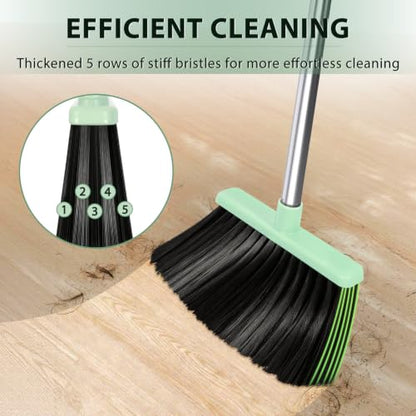 YZO Broom and Dustpan Set, 54.33 Inch Long Handle Standing Design, Dustpan Front Rubber Tight Seal, Broom with 5 Layer Bristles, Suitable for Living Room, Bedroom, Yard, Office (Green) - color: Green