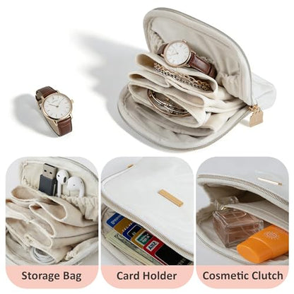 Layered Travel Jewelry Organizer with Velvet Pouches, Small PU Leather Jewelry Travel Case for Women, Portable Zipper Box for Rings, Earrings, Bracelets & Necklaces