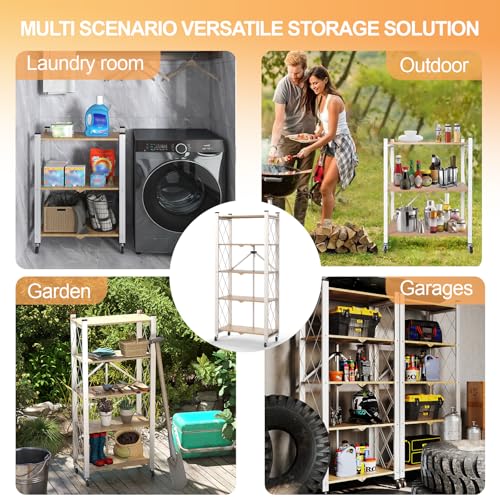 5-Tier Foldable Storage Shelves with Wheels Wood Grain Transfer - color: Natural, size: 5 Tier