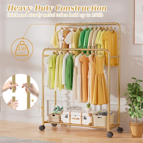 Simple Trending Clothing Clothes Rack Double Rods with Wheels, Rolling Metal Garment Rack for Hanging, Gold - color: Golden, size: Double Rod with Wheels