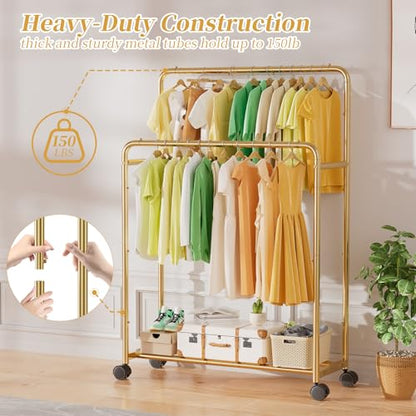 Simple Trending Clothing Clothes Rack Double Rods with Wheels, Rolling Metal Garment Rack for Hanging, Gold - color: Golden, size: Double Rod with Wheels