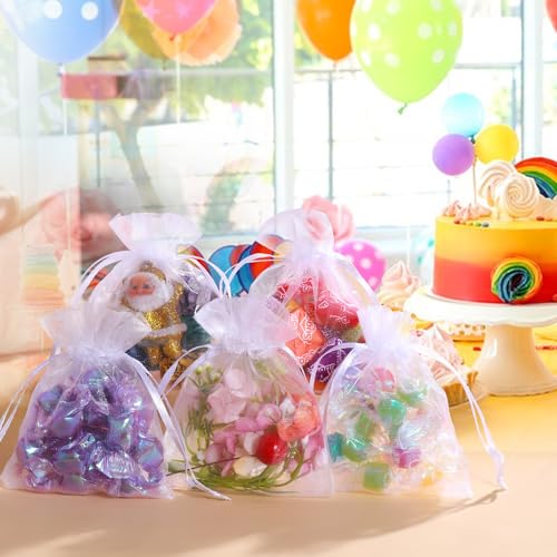 WenTao 100 Pcs Organza Bags 3×4 Inches, White Sheer Organza Gift Bags with Drawstring, Jewelry Favor Pouches Christmas Candy Wedding Birthday Party Bags - color: White