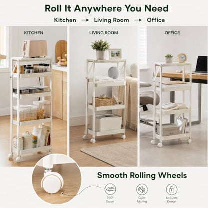 4 Tier Foldable Rolling Cart, Collapsible Storage Cart with Wheels - color: White, size: 3 Tier with Wooden Top