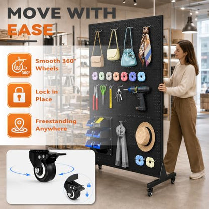 Royxen 70 x 44 Inch Metal Pegboard with 40 Hooks, Large Standing Pegboard Display with T-Base, Peg Board Display Stand with Wheels, Art Display Stand for Retail Stores Exhibitions Homes (Black) - color: Black