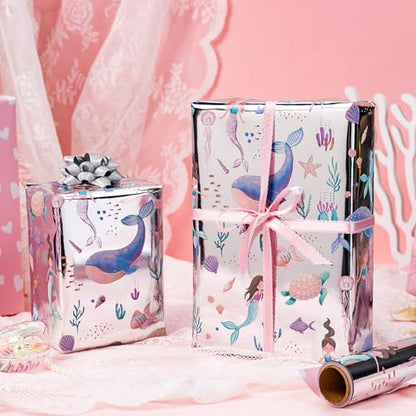 Homeral Reversible Mermaid Wrapping Paper Roll - Metallic Foil Whale, Turtle, Shell, Ocean-Themed with Pink Heart for Girl Birthday, Baby Shower - Mini Roll - 17 Inch x 33 Feet - color: Silver Mermaid, size: 17in*33ft