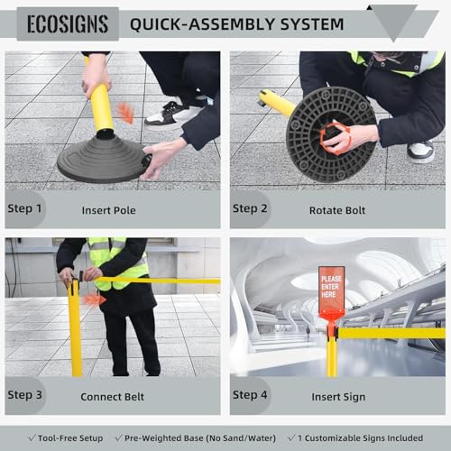 ECOSlGNS 12 Pack Stanchions with 10ft Retractable Belts - Yellow Stanchion Posts Set Crowd Control Barriers Line Dividers with Weighted Rubber Base & Sign Holders for Queue Management - color: Yellow, size: Round Base - 12 Pack