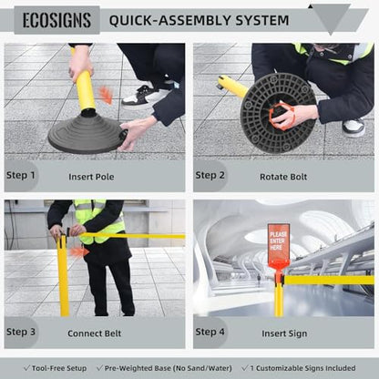 ECOSlGNS 12 Pack Stanchions with 10ft Retractable Belts - Yellow Stanchion Posts Set Crowd Control Barriers Line Dividers with Weighted Rubber Base & Sign Holders for Queue Management - color: Yellow, size: Round Base - 12 Pack